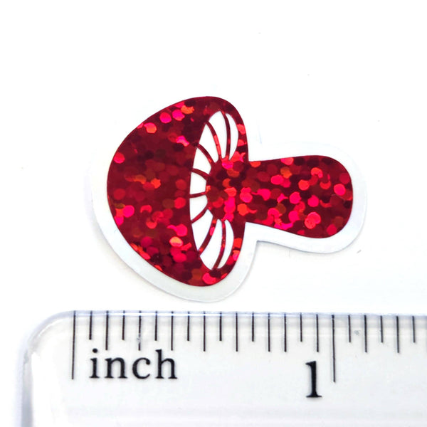 Tiny Red Mushroom Stickers, set of 12 die-cut sparkly toadstool decals for cottagecore scrapbooking, crafts, journals