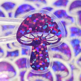 Mini Mushroom Stickers in purple, set of 12 die-cut sparkly toadstool decals for cottagecore scrapbooking, crafts, journals