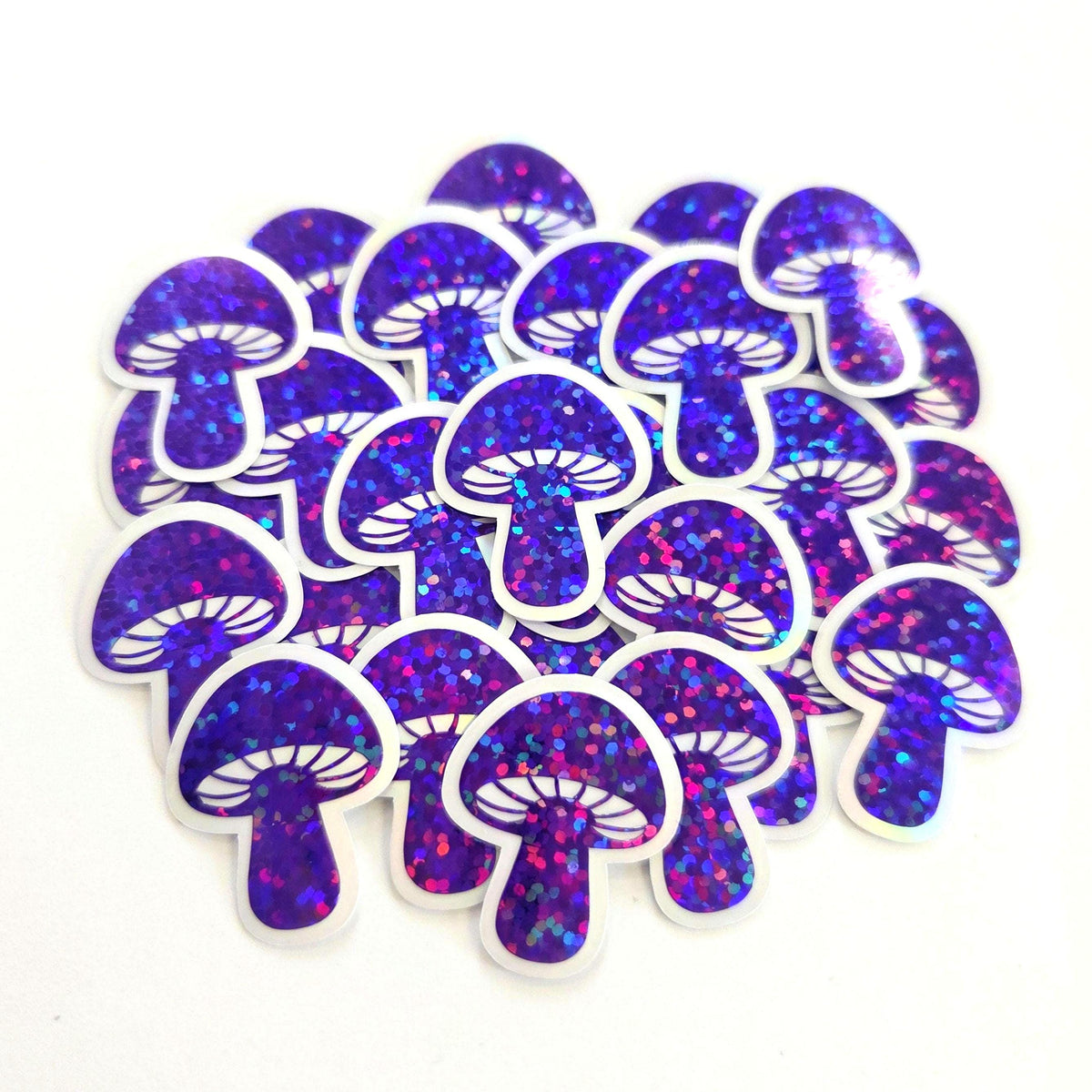 Mini Mushroom Stickers in purple, set of 12 die-cut sparkly toadstool decals for cottagecore scrapbooking, crafts, journals