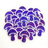 Mini Mushroom Stickers in purple, set of 12 die-cut sparkly toadstool decals for cottagecore scrapbooking, crafts, journals