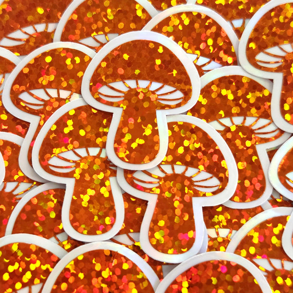Tiny Orange Mushroom Stickers, set of 12 die-cut sparkly toadstool decals for cottagecore scrapbooking, crafts, journals
