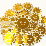 Happy Yellow Suns Mini Sticker Set, sparkly sunshine stickers with clear outline.