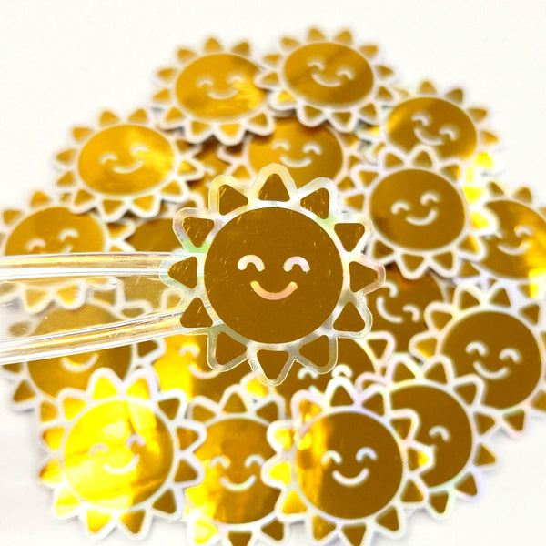 Happy Yellow Suns Mini Sticker Set, sparkly sunshine stickers with clear outline.