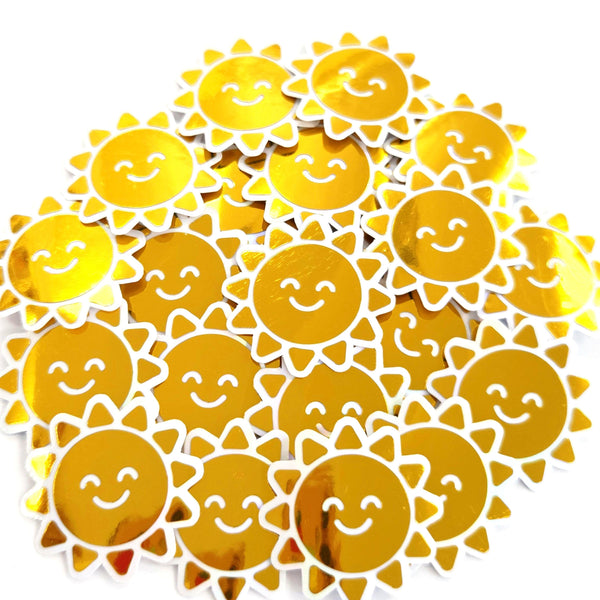 Happy Yellow Suns Mini Sticker Set, sparkly sunshine stickers with clear outline.