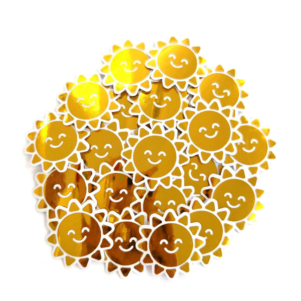 Happy Yellow Suns Mini Sticker Set, sparkly sunshine stickers with clear outline.