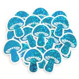 Mini Teal Mushroom Sticker Set, sparkly toadstool decals for cottagecore crafts and scrapbooks.