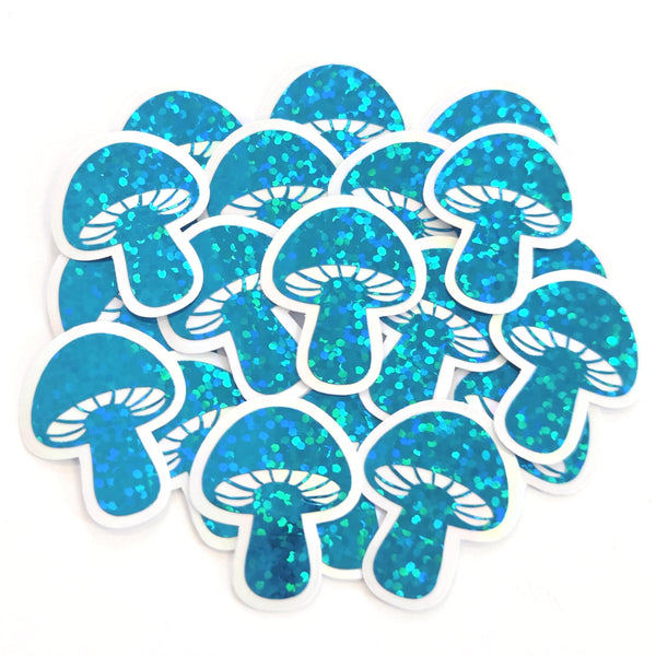 Mini Teal Mushroom Sticker Set, sparkly toadstool decals for cottagecore crafts and scrapbooks.