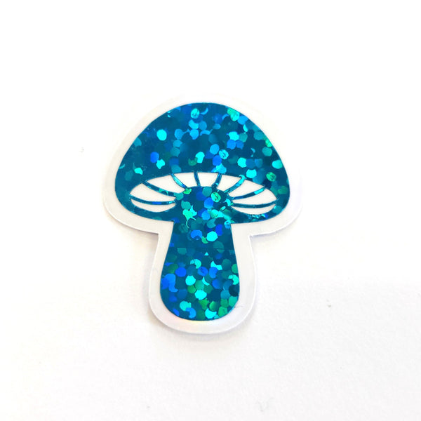 Mini Teal Mushroom Sticker Set, sparkly toadstool decals for cottagecore crafts and scrapbooks.