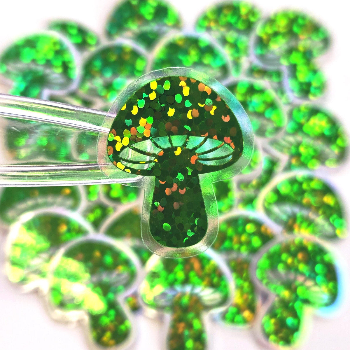 Mini Spring Green Mushroom Sticker Set, die-cut sparkly toadstool decals for cottagecore craft supplies