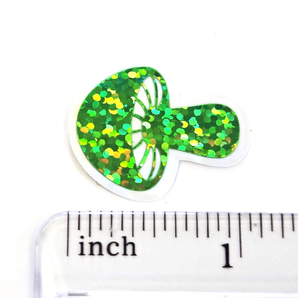 Mini Spring Green Mushroom Sticker Set, die-cut sparkly toadstool decals for cottagecore craft supplies
