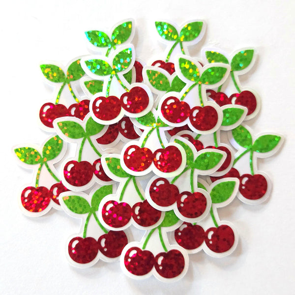 Red Cherry Sticker Set, Glitter Vinyl Decals for crafts, one inch, choose amount
