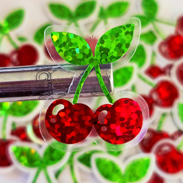 Red Cherry Sticker Set, Glitter Vinyl Decals for crafts, one inch, choose amount