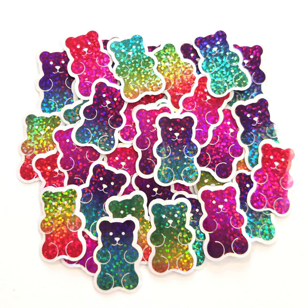 Rainbow Glitter Gummy Bears Mini Sticker Set, Candy Decals with clear outline