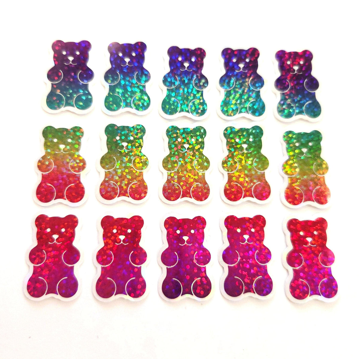 Rainbow Glitter Gummy Bears Mini Sticker Set, Candy Decals with clear outline