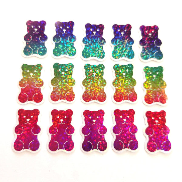 Rainbow Glitter Gummy Bears Mini Sticker Set, Candy Decals with clear outline