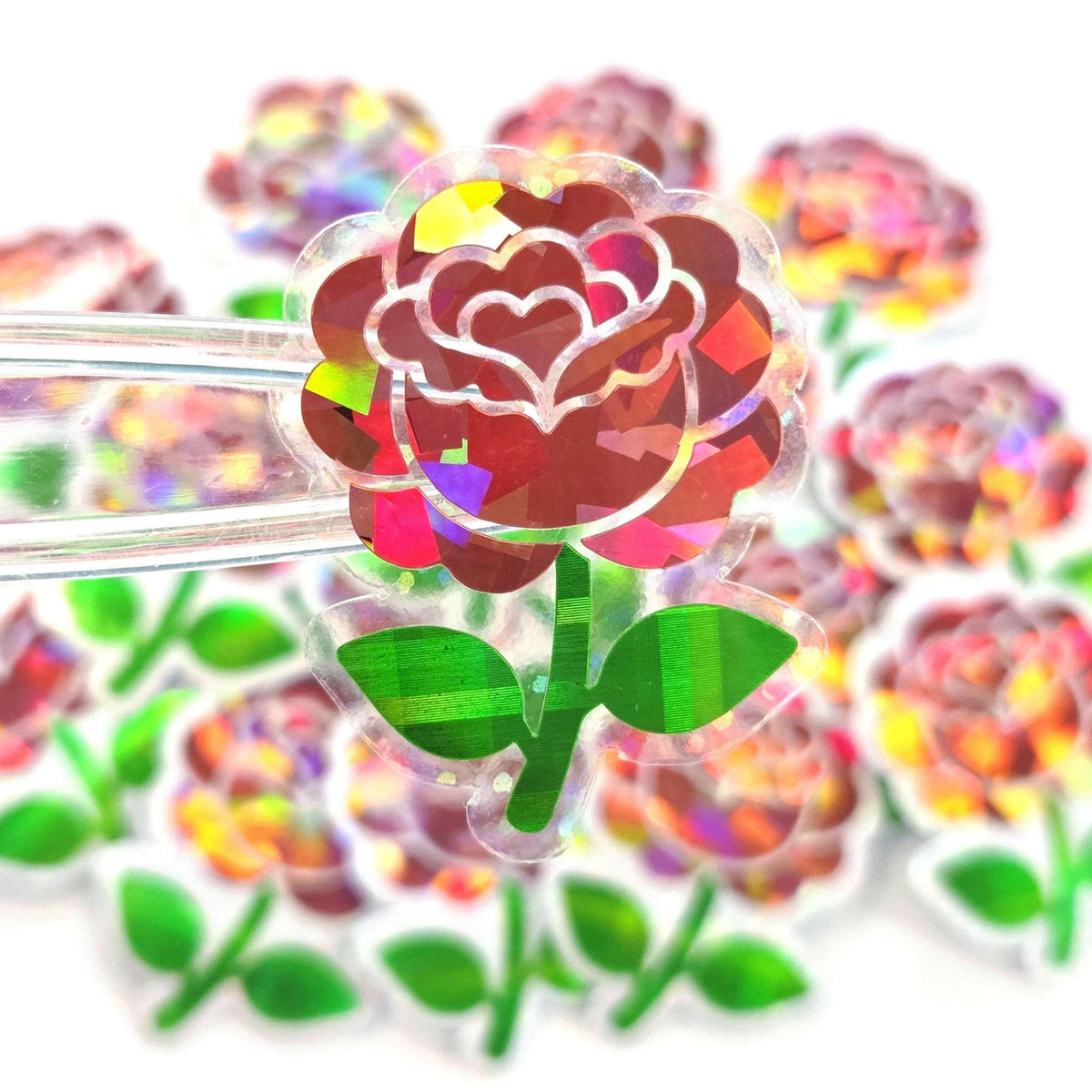 Pink Roses Flower Sticker Set, small sparkly summer blooms for journals, garden planners, envelopes, scrapbook pages and crafts.