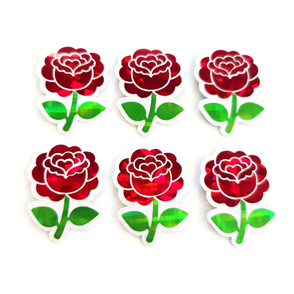Red Roses Flower Sticker Set, small sparkly summer blooms for journals, garden planners, envelopes, scrapbook pages and crafts.