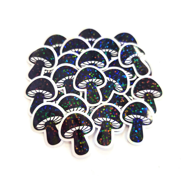 Black Mushrooms Mini Sticker Set, sparkly toadstools for cottagecore scrapbooking, crafts, journals