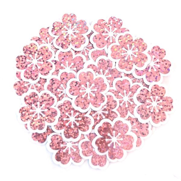 Cherry Blossom Die Cut Flower Blossom Stickers, Sparkly Pink Sakura blooms for journals envelopes scrapbook pages.