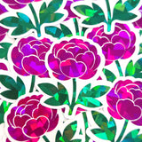 A collection of vibrant stickers featuring a peony flower design. The flowers are a mix of pink and purple with a holographic effect. Green leaves and stems complete the floral arrangement.