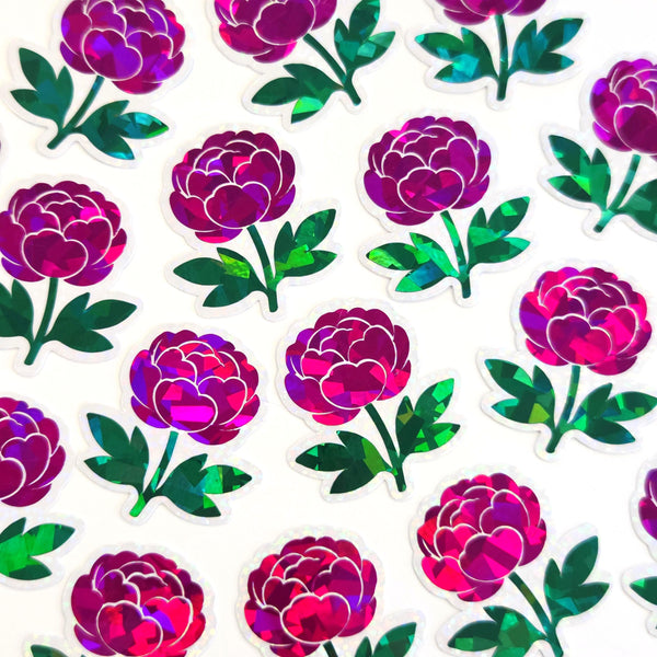 Peony Flower Die Cut Stickers, small sparkly hot pink summer blooms for journals, garden planners, envelopes, scrapbook pages and crafts.
