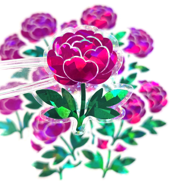 Peony Flower Die Cut Stickers, small sparkly hot pink summer blooms for journals, garden planners, envelopes, scrapbook pages and crafts.