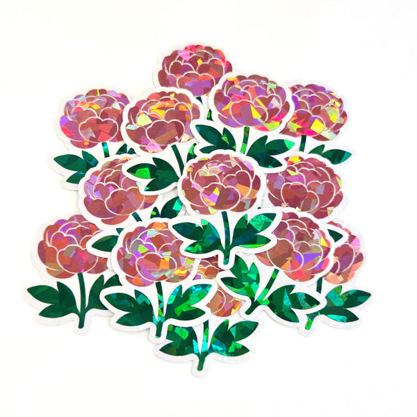 Red Peony Flower Sticker Set, small sparkly summer blooms for journals, garden planners, wedding envelopes, scrapbook pages and crafts.