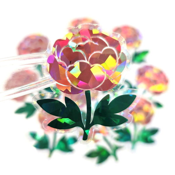 Red Peony Flower Sticker Set, small sparkly summer blooms for journals, garden planners, wedding envelopes, scrapbook pages and crafts.