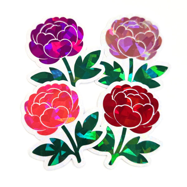 Peony Flower Die Cut Stickers, small sparkly hot pink summer blooms for journals, garden planners, envelopes, scrapbook pages and crafts.