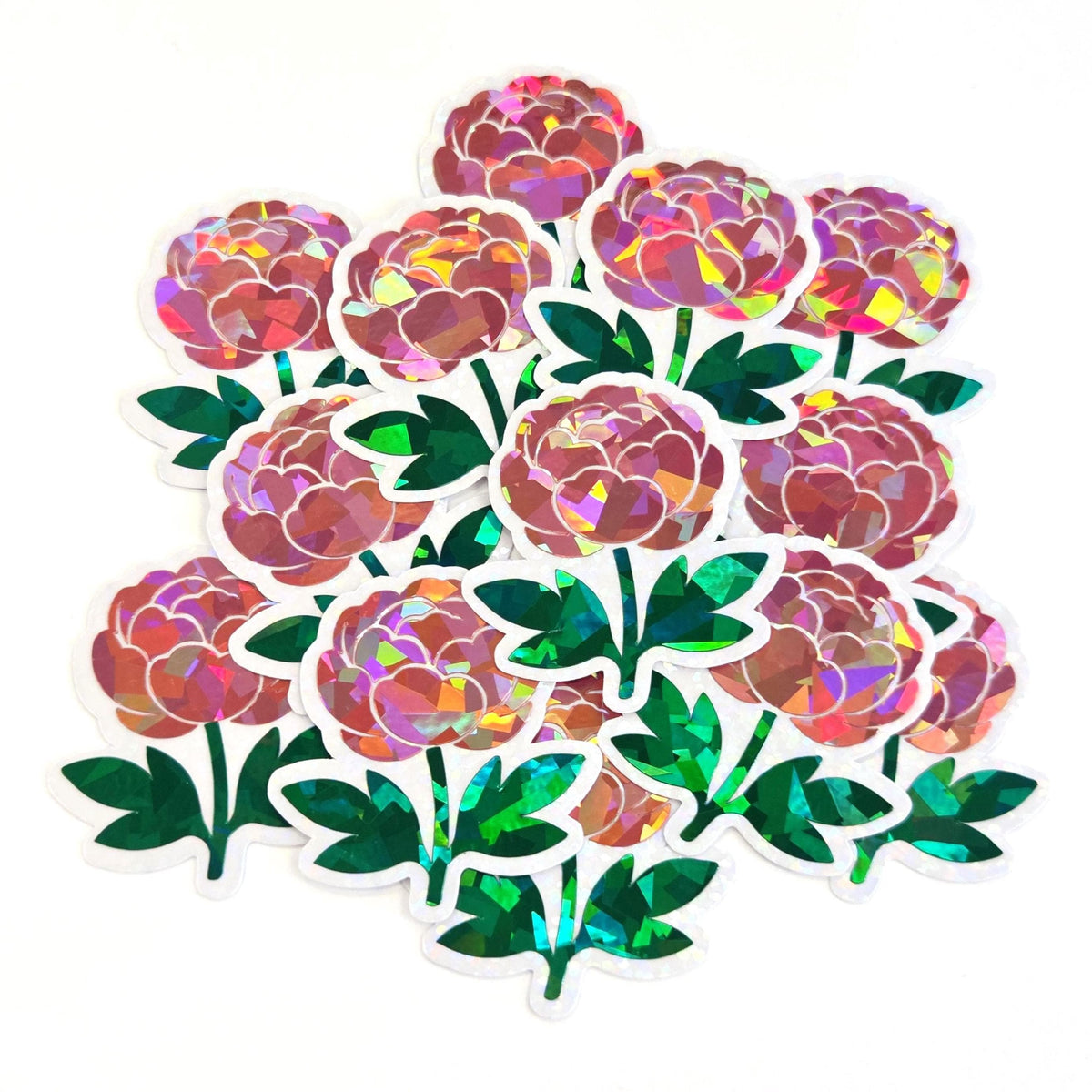 Pink Peony Flower Sticker Set, small sparkly summer blooms for journals, garden planners, wedding envelopes, scrapbook pages and crafts.