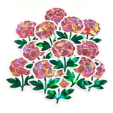 Pink Peony Flower Sticker Set, small sparkly summer blooms for journals, garden planners, wedding envelopes, scrapbook pages and crafts.