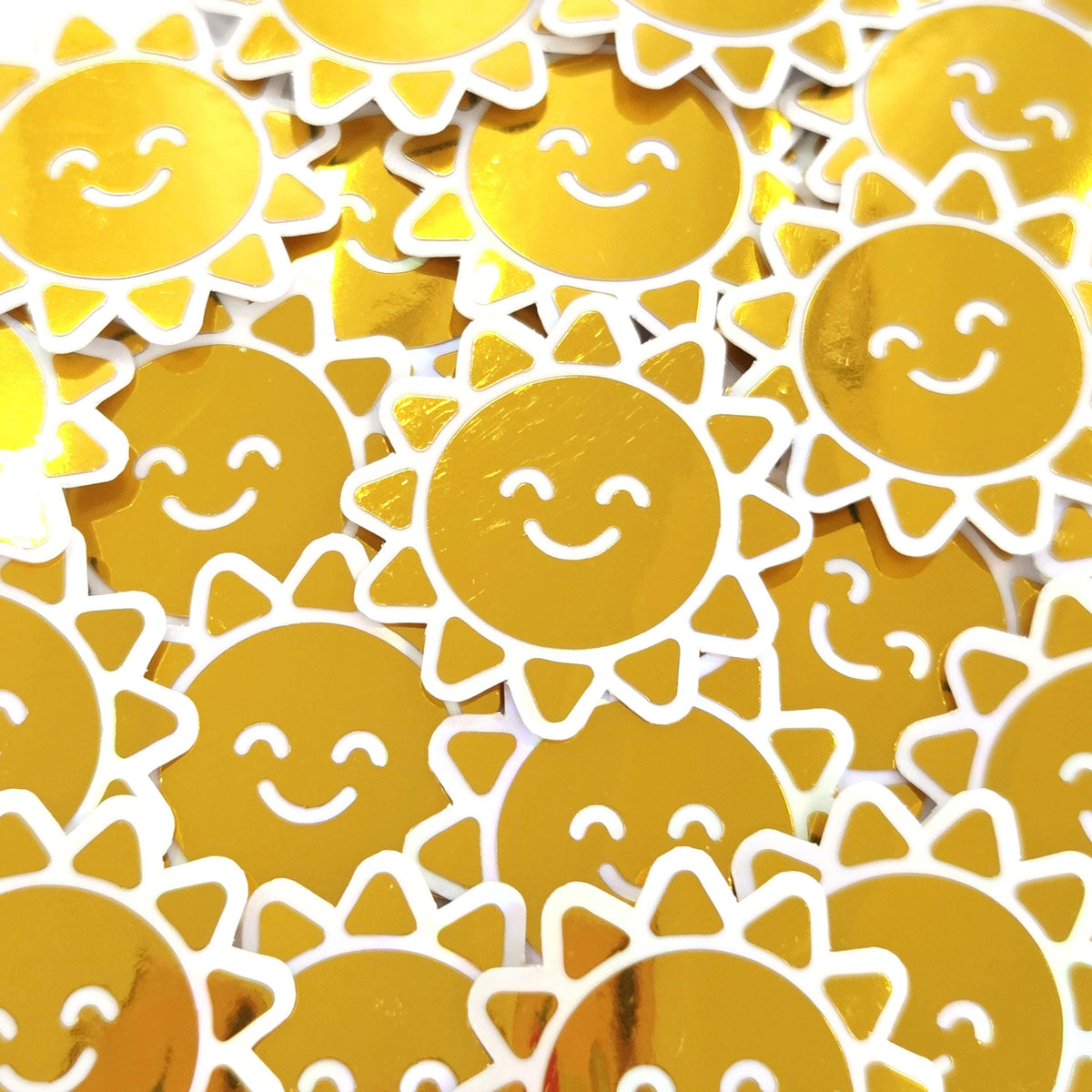 Happy Yellow Suns Mini Sticker Set, sparkly sunshine stickers with clear outline.
