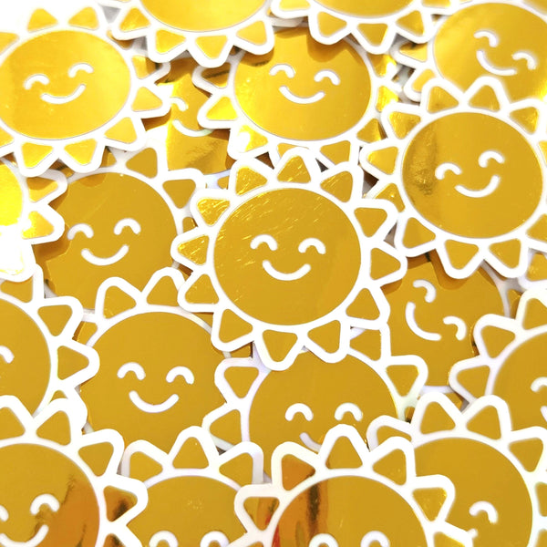 Happy Yellow Suns Mini Sticker Set, sparkly sunshine stickers with clear outline.