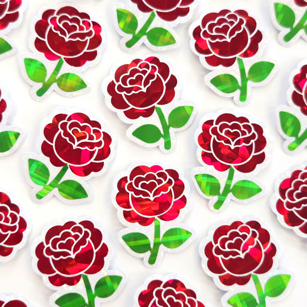Red Roses Flower Sticker Set, small sparkly summer blooms for journals, garden planners, envelopes, scrapbook pages and crafts.
