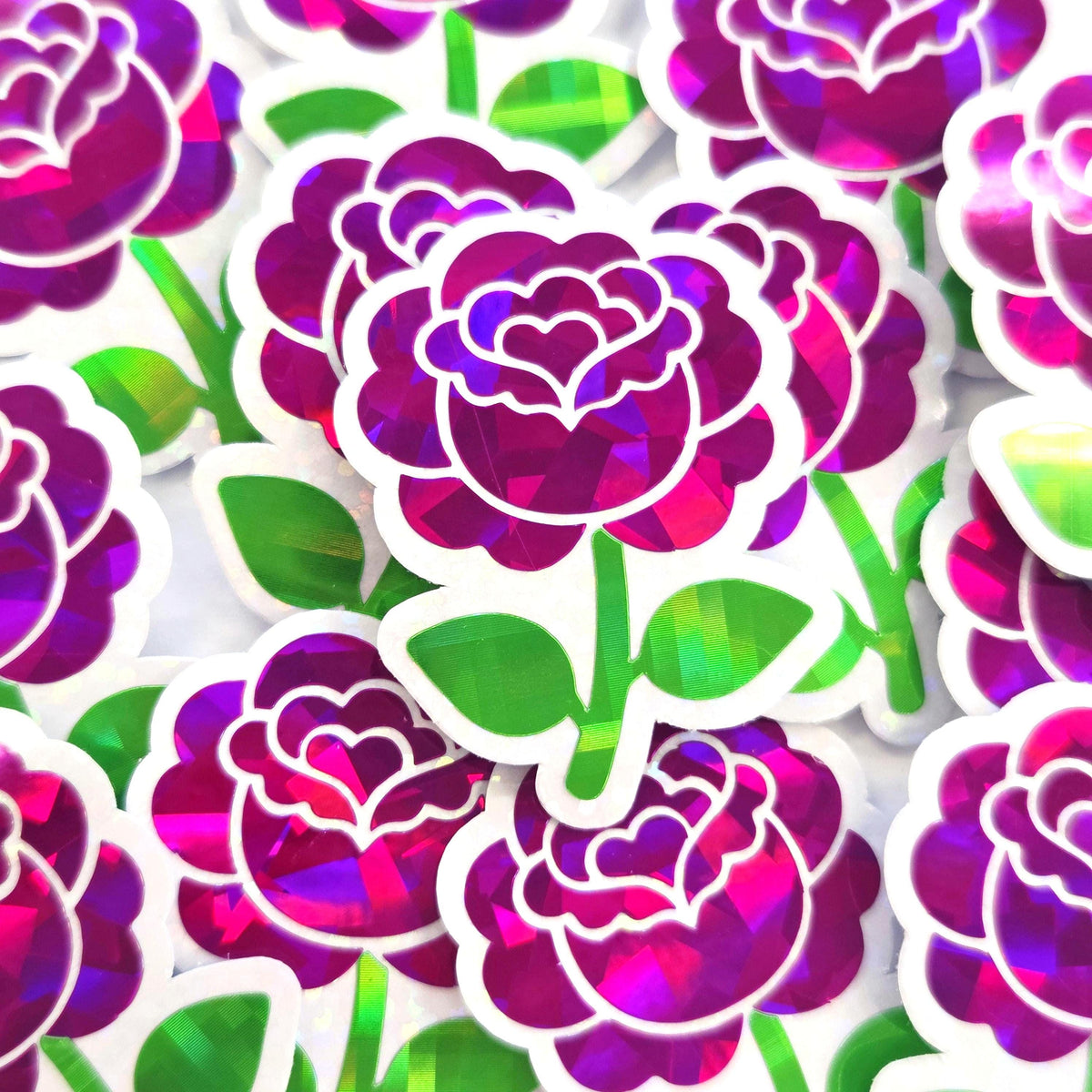 Hot Pink Roses Flower Sticker Set, small sparkly summer blooms for journals, garden planners, envelopes, scrapbook pages and crafts.