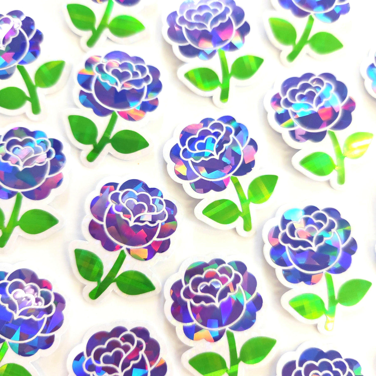Purple Roses Flower Sticker Set, small sparkly summer blooms for journals, garden planners, envelopes, scrapbook pages and crafts.