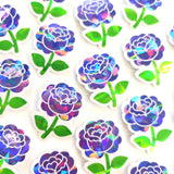 Purple Roses Flower Sticker Set, small sparkly summer blooms for journals, garden planners, envelopes, scrapbook pages and crafts.