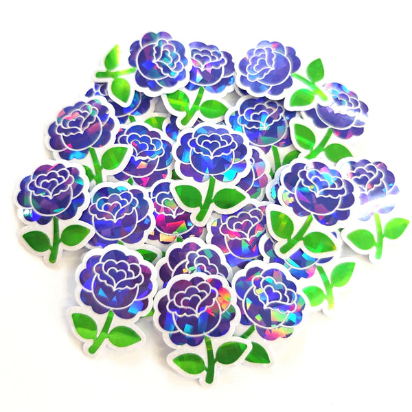 Purple Roses Flower Sticker Set, small sparkly summer blooms for journals, garden planners, envelopes, scrapbook pages and crafts.
