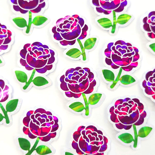 Hot Pink Roses Flower Sticker Set, small sparkly summer blooms for journals, garden planners, envelopes, scrapbook pages and crafts.