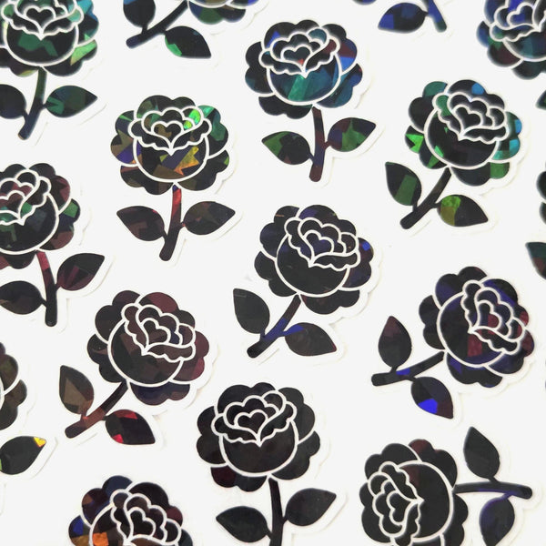 Black Roses Flower Sticker Set, small sparkly gothic blooms fo dark romance book journals, planners, envelopes, scrapbook pages