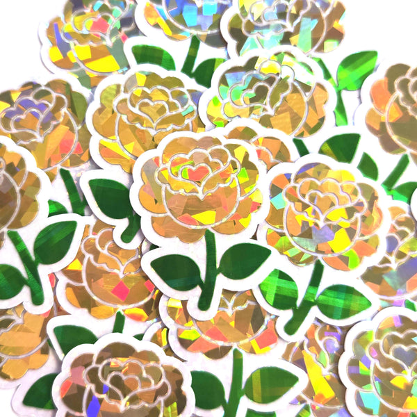 Yellow Roses Flower Sticker Set, small sparkly summer blooms for journals, garden planners, envelopes, scrapbook pages and crafts.