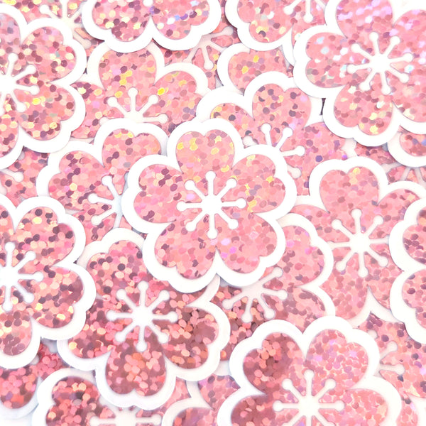 Sakura Blossom Flowers Die Cut Stickers Set, Sparkly Pink Cherry Blooms