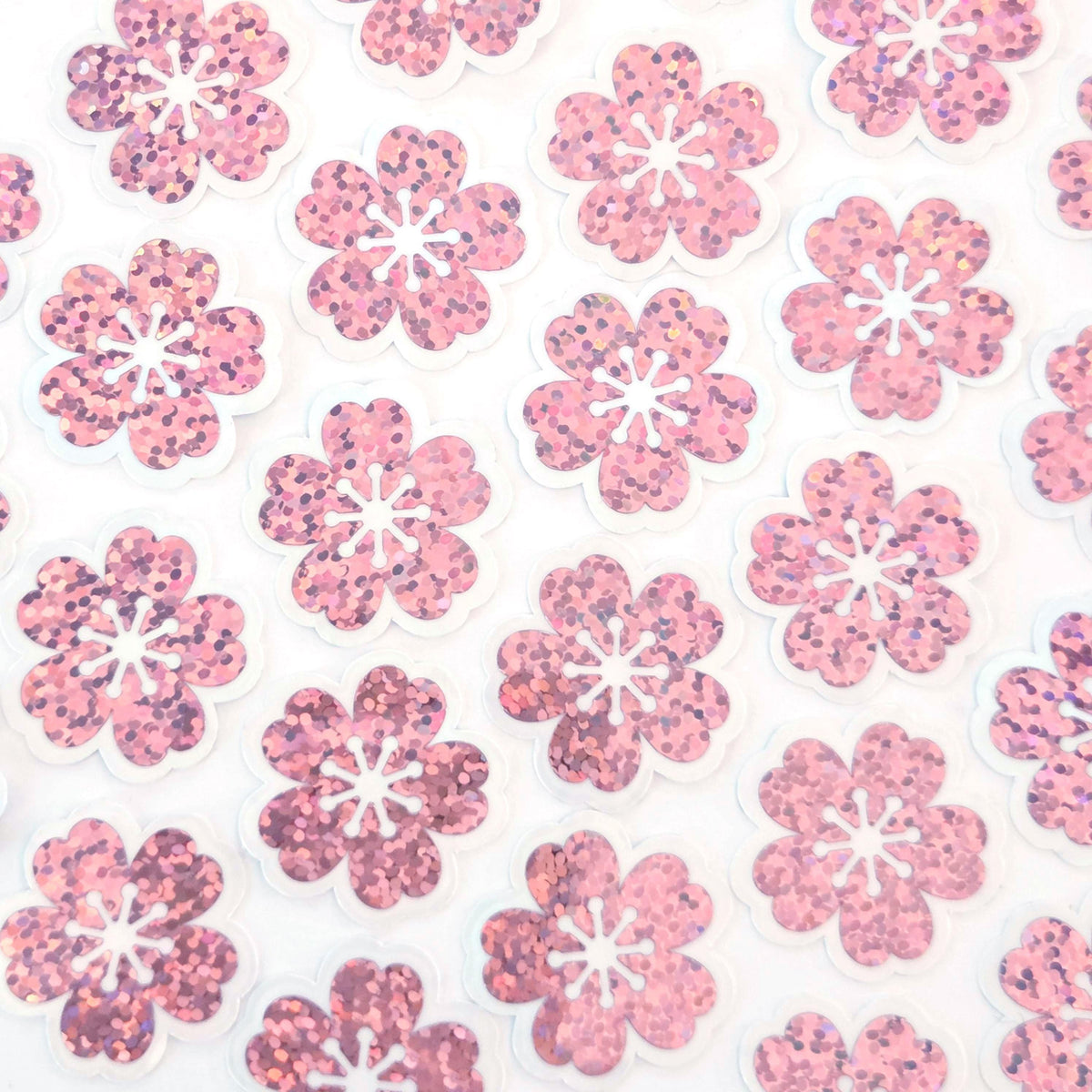 Sakura Blossom Flowers Die Cut Stickers Set, Sparkly Pink Cherry Blooms
