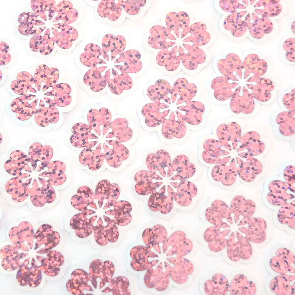 Sakura Blossom Flowers Die Cut Stickers Set, Sparkly Pink Cherry Blooms