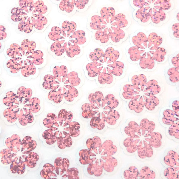 Cherry Blossom Die Cut Flower Blossom Stickers, Sparkly Pink Sakura blooms for journals envelopes scrapbook pages.