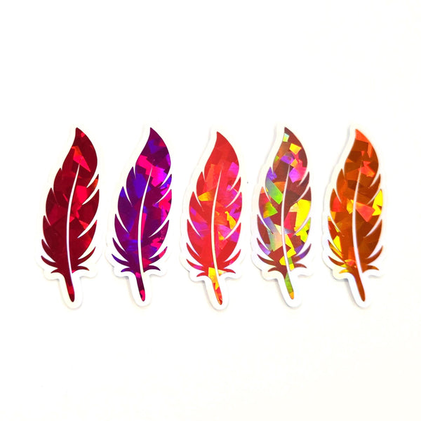 Feathers Sticker Bundle, set of 18 feather shaped die cut sparkly stickers, rainbow colors, summer festival journal page embellishments