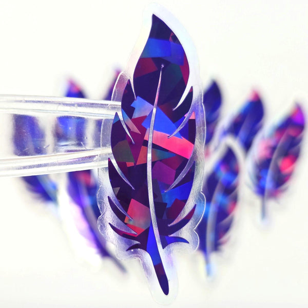 Purple Feathers Sticker Bundle, set of 18 bird feather shaped die cut sparkly stickers, summer festival journal page embellishments