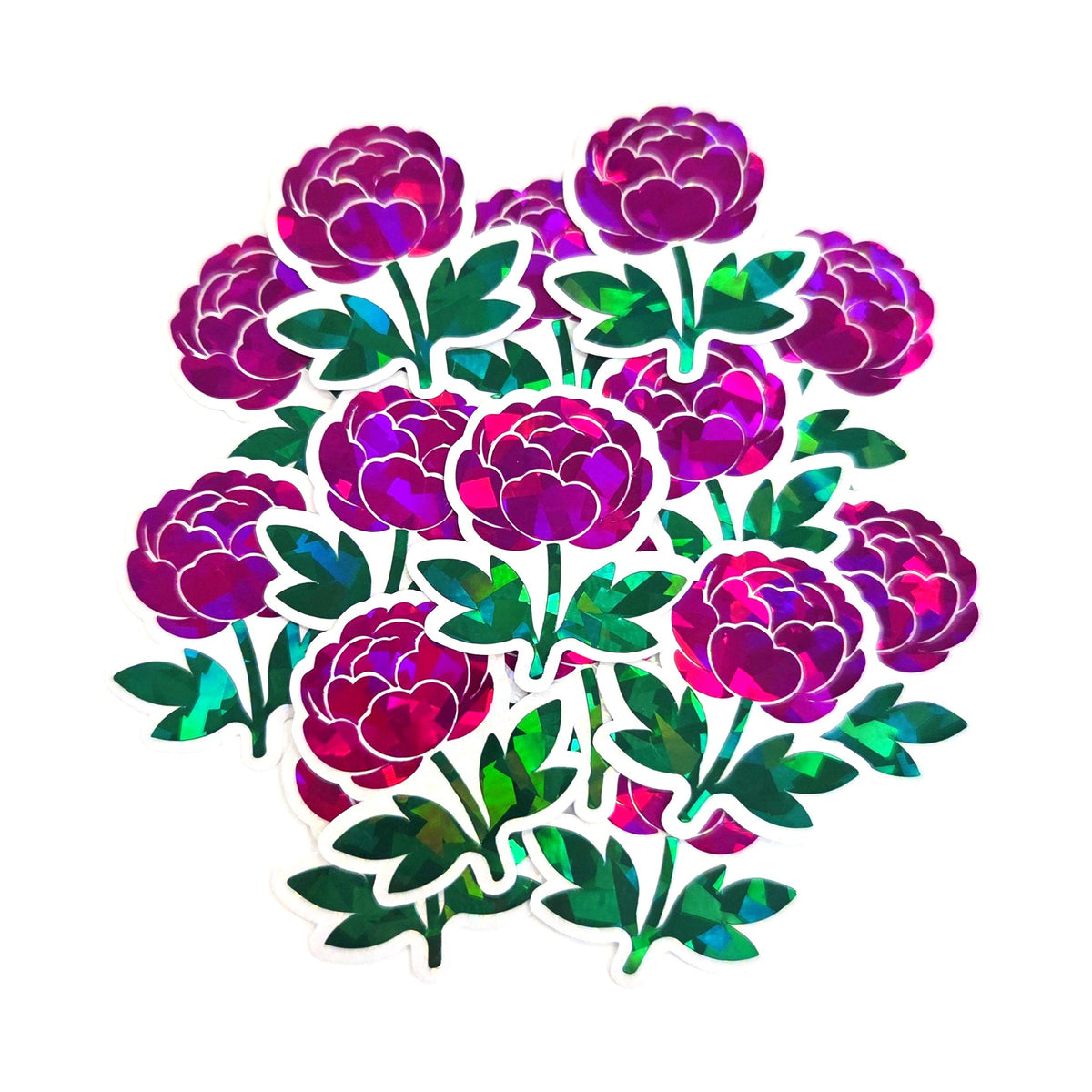 A collection of peony flower stickers. The stickers feature a vibrant, iridescent finish with shades of pink and purple. Each flower has green leaves and stems.