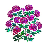 A collection of peony flower stickers. The stickers feature a vibrant, iridescent finish with shades of pink and purple. Each flower has green leaves and stems.