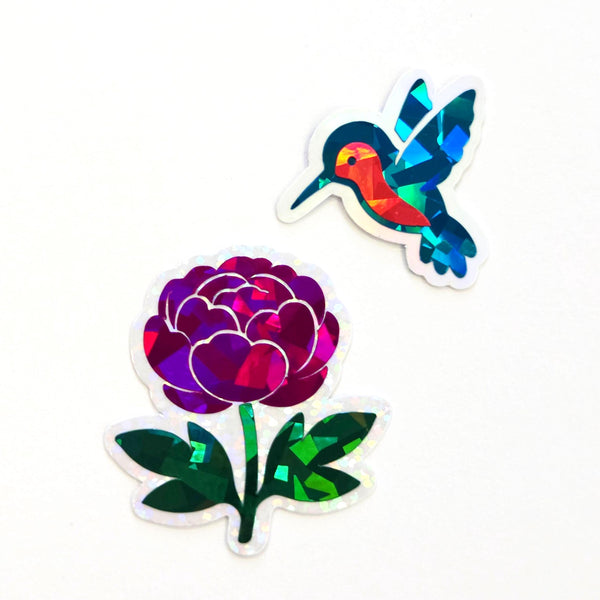 Peony Flower Die Cut Stickers, small sparkly hot pink summer blooms for journals, garden planners, envelopes, scrapbook pages and crafts.